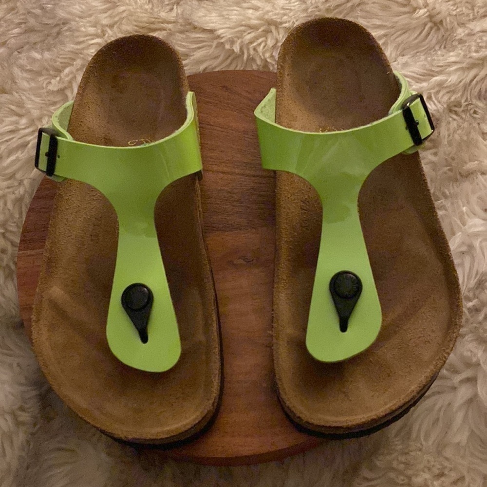 Birkenstock Gizeh Patent Neon Yellow Green Birko-flor 37 RARE sold out color